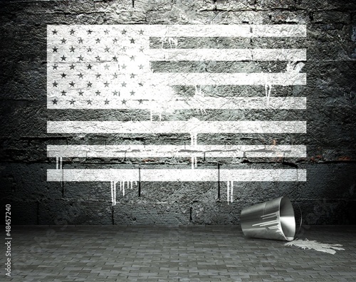 Graffiti wall with USA flag, street background