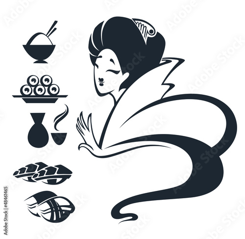 vector image of Japanese girl with traditional food