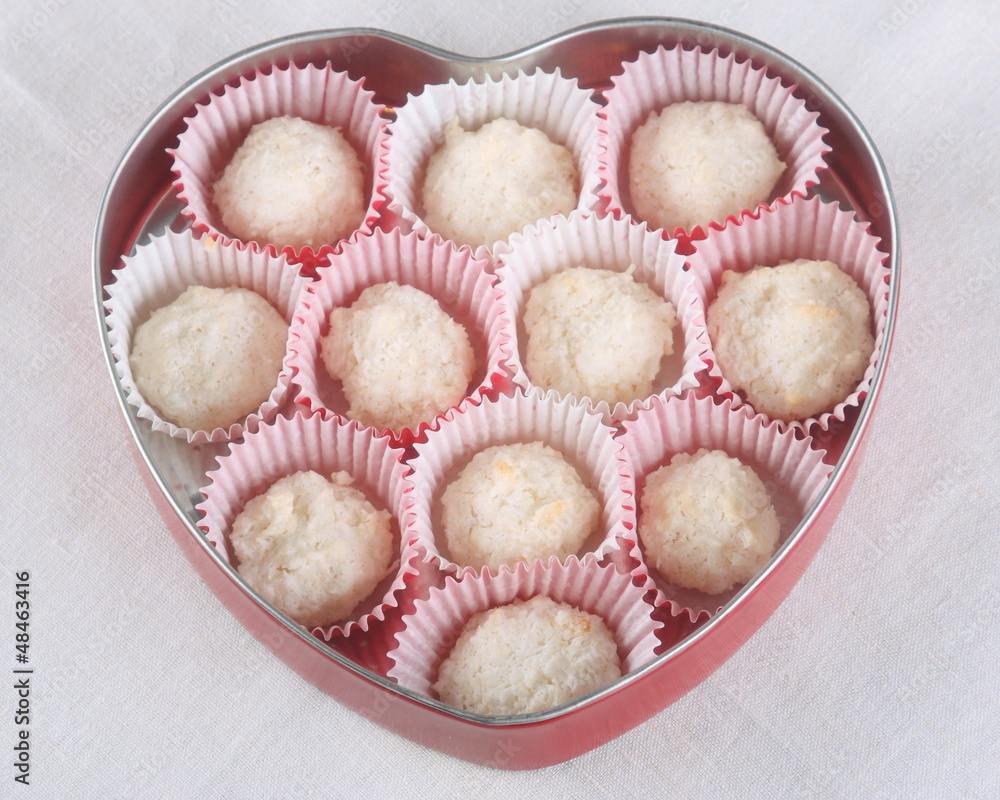 homemade coconut cookies in a box. top view