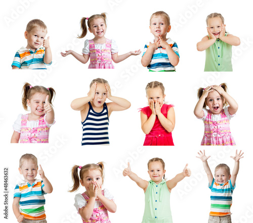 collection of kids with different emotions isolated on white bac