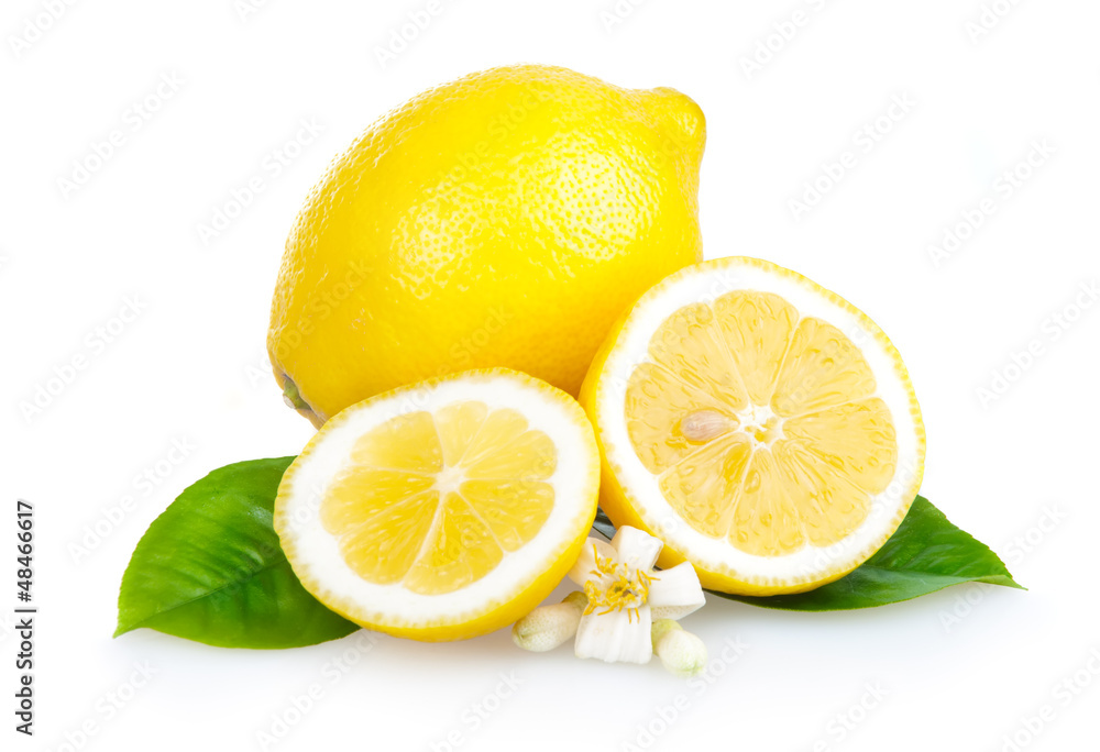 Yellow lemon fruits with leaves and slices isolated Yellow lemon fruits with leaves and slices isolated