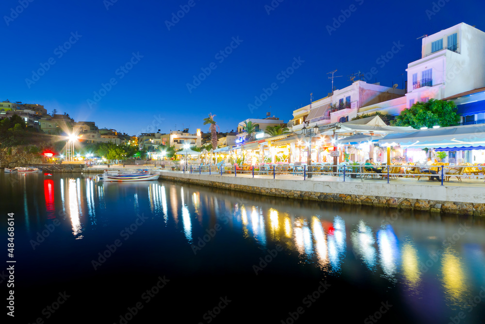 Agios Nikolaos city at night on Crete, Greece