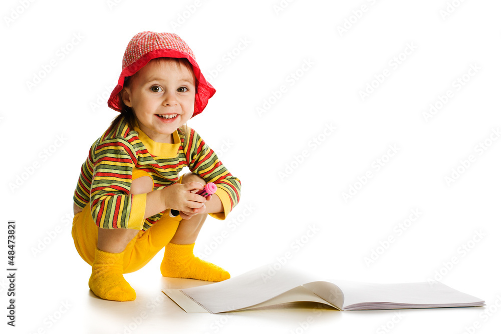 Little girl learn to paint in the album. Little girl learn to paint in the album.