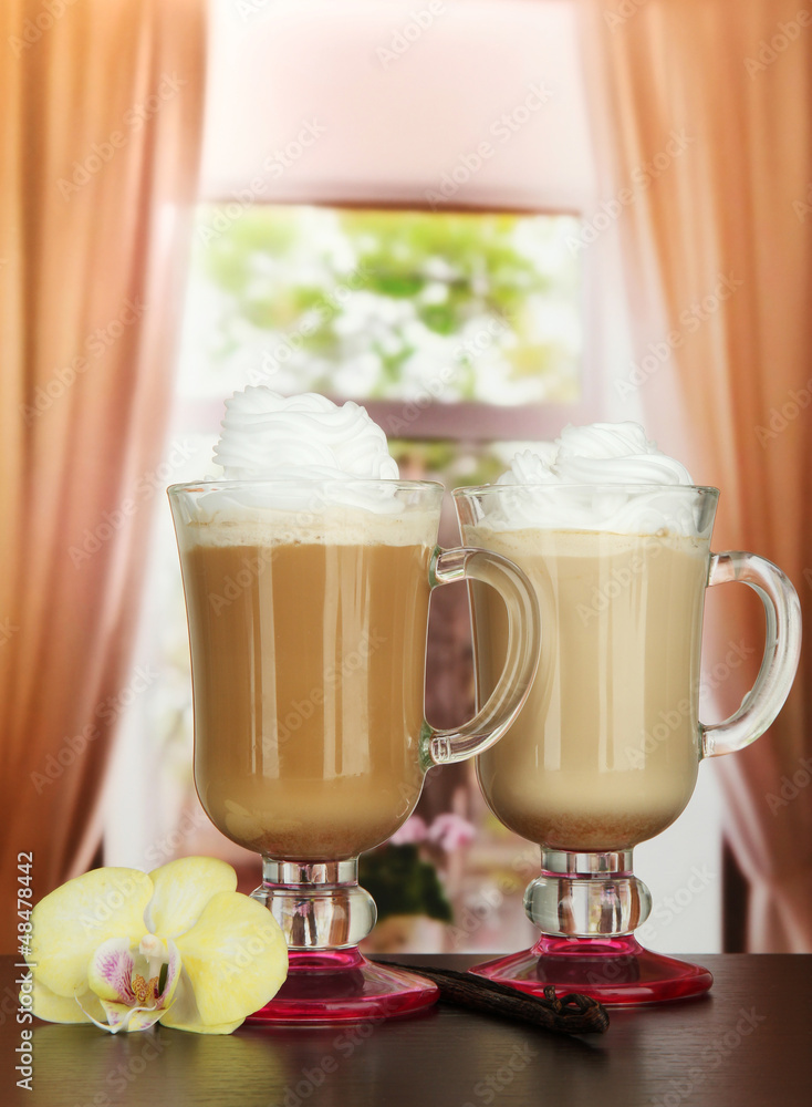 Fragrant coffee latte in glasses cups with vanilla pods, Fragrant coffee latte in glasses cups with vanilla pods,