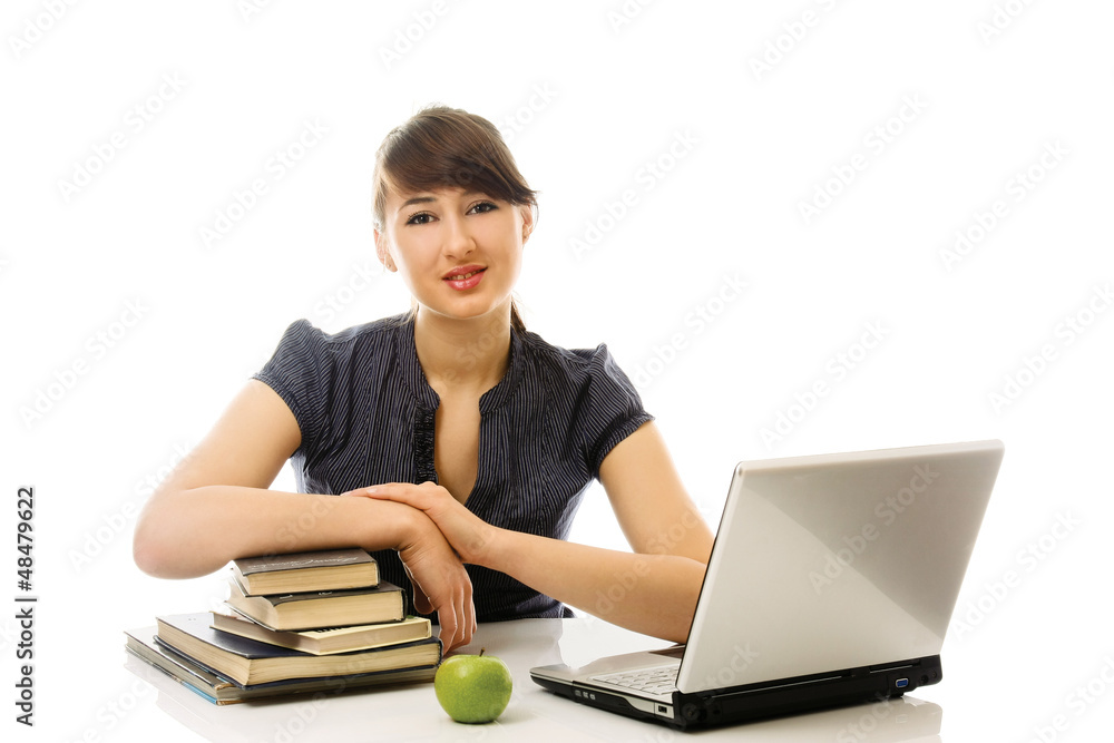 girl with books and laptop isolated on white background girl with books and laptop isolated on white background
