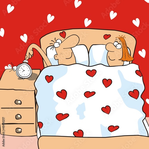 Valentine's Day, card, bedroom, couple at bed, funny vector illustration, red backgound with hearts