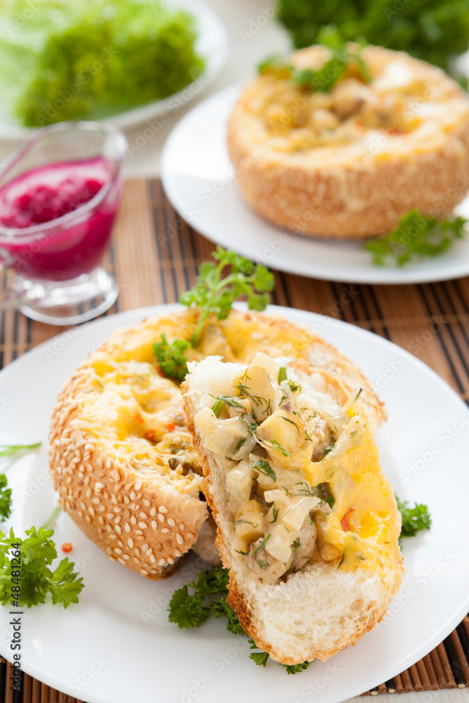 bun stuffed with mushrooms and chicken with cheese bun stuffed with mushrooms and chicken with cheese
