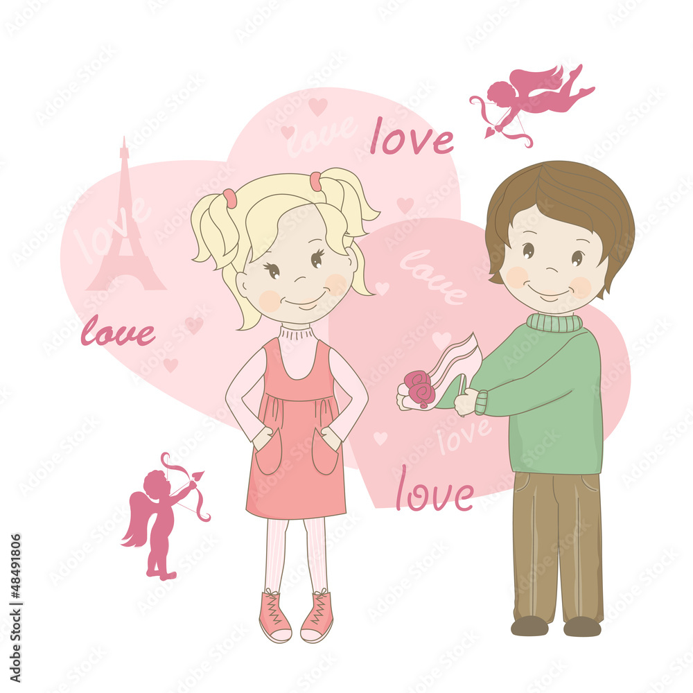 Girl and boy, Valentine's day greeting card. Girl and boy, Valentine's day greeting card.