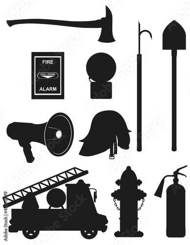 set icons of firefighting equipment black silhouette vector illu