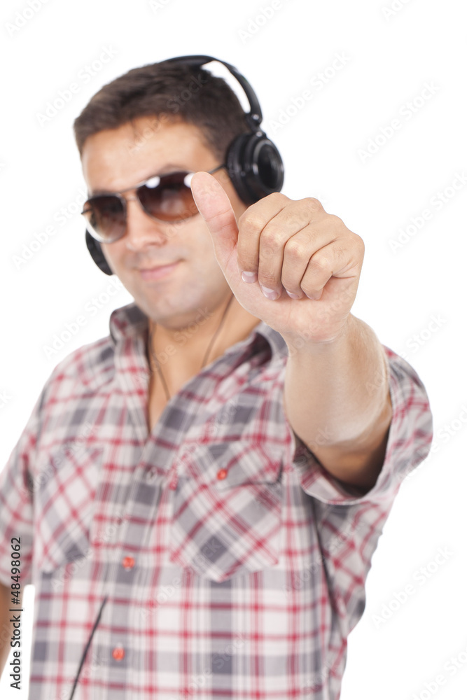 man in glasses with headphones on his head, is Ok man in glasses with headphones on his head, is Ok