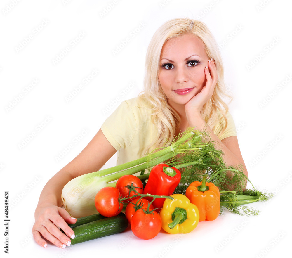 beautiful blonde young woman with vegetables, isolated beautiful blonde young woman with vegetables, isolated