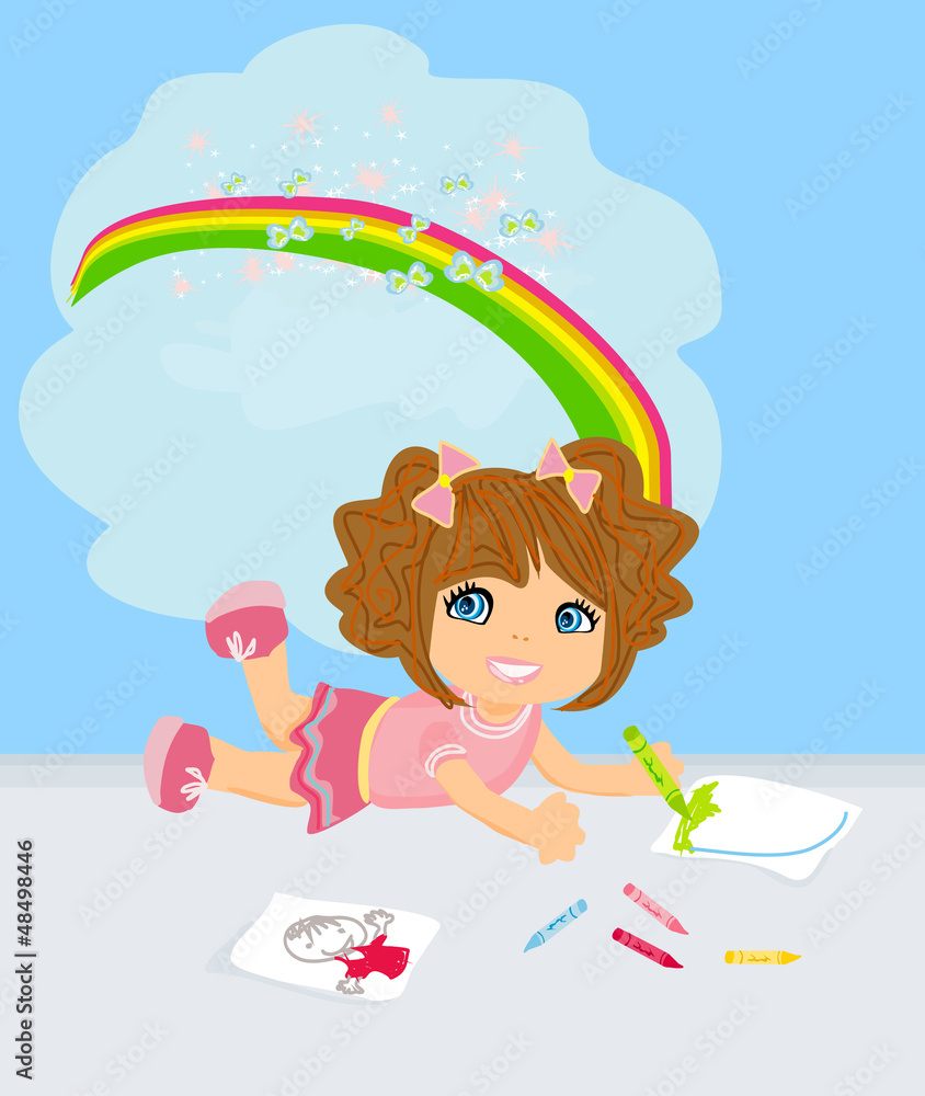 A girl drawing a rainbow, thinking about her work.