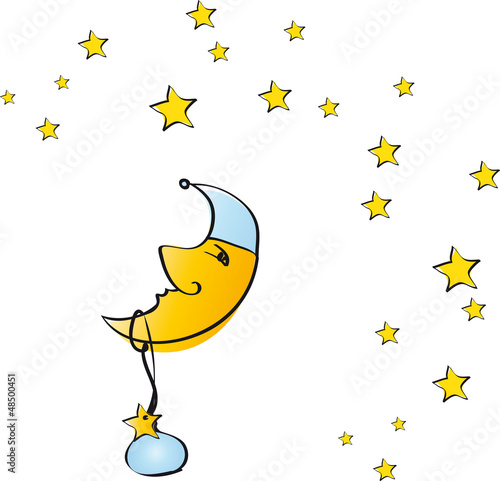 Mond mit hellblauer Mütze und Sternen. Schlafen in der Nacht. Einschlafen und durchschlafen für Kinder mit einem Schlaflied. Gute Nacht. vektor, isoliert