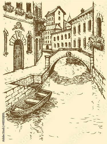 Vector drawing. Canal narrow Venetian street with bridge and gon