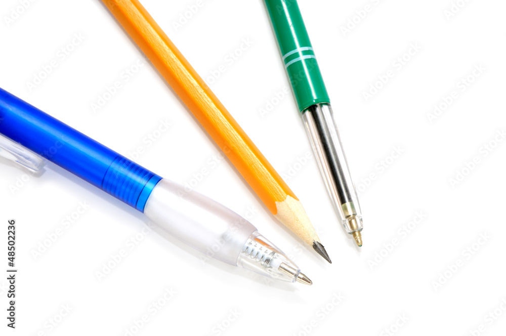 ballpoints and pencil isolated on white