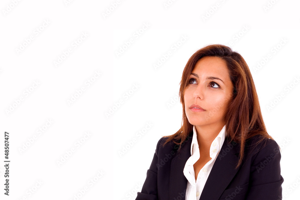 Young business woman looking up isolated over a white background Young business woman looking up isolated over a white background