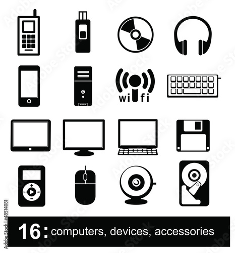 16 icons of computers, devices, accessories