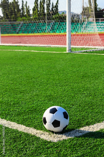 soccer ball on green grass in front of goal net