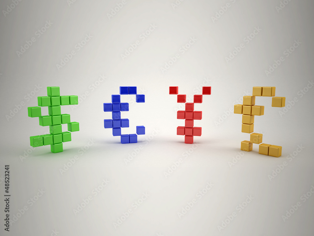 Obraz premium Currency symbols. Pound, dollar, euro and yen signs in pixel art