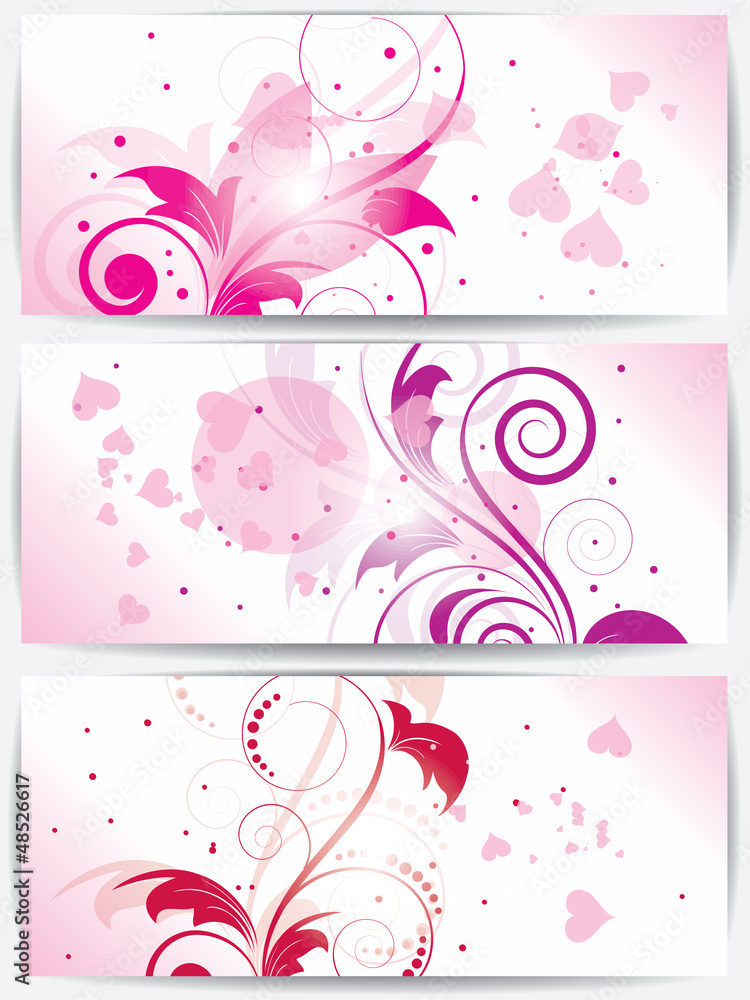 Set of cards with floral background and hearts Set of cards with floral background and hearts