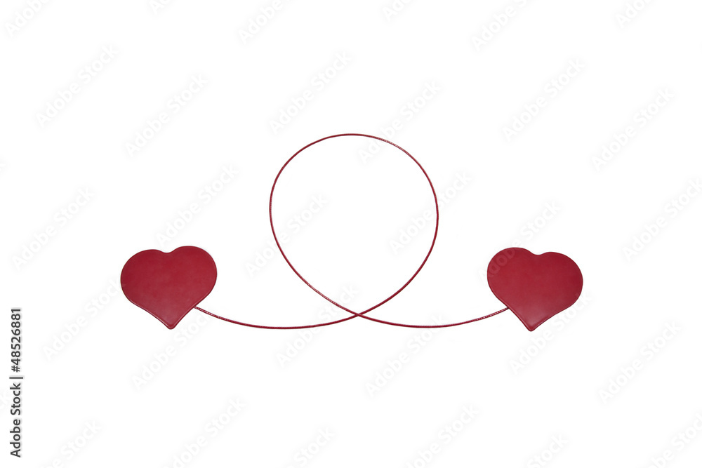 Two red hearts attached by a red line isolated in withe