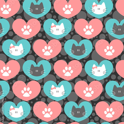 Romantic seamless pattern with hearts and kittens photo