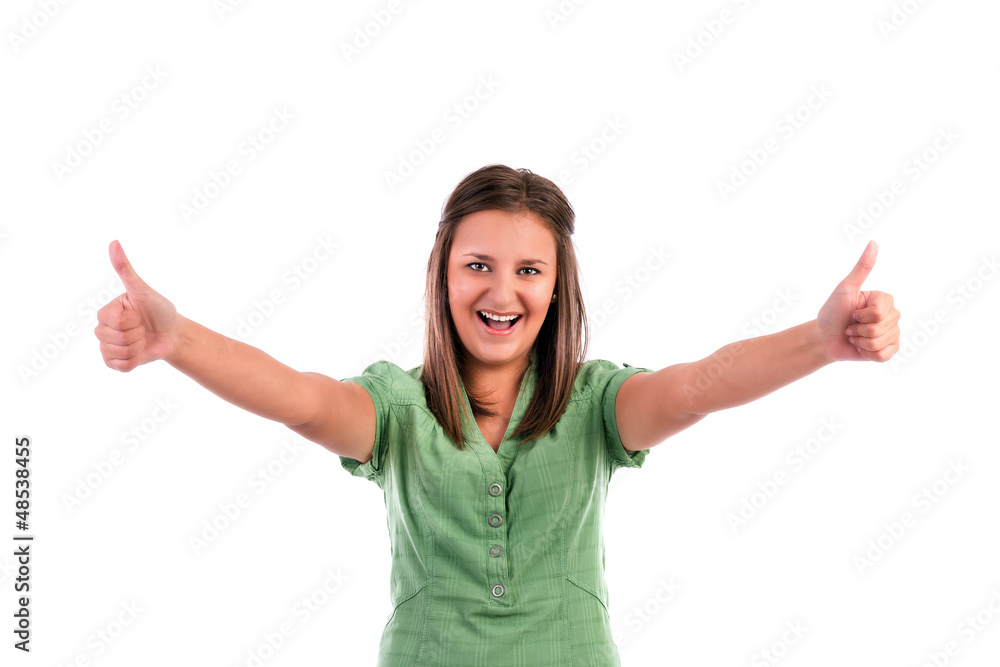 Happy smiling young woman with thumbs up gesture Happy smiling young woman with thumbs up gesture