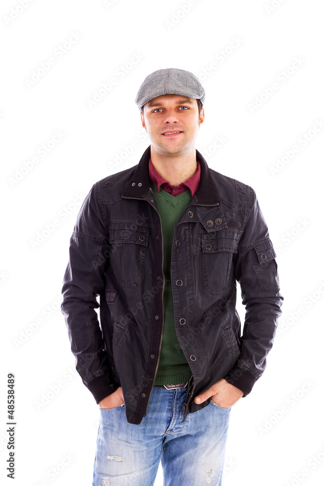 Portrait of happy handsome young man with hands in pockets, Portrait of happy handsome young man with hands in pockets,
