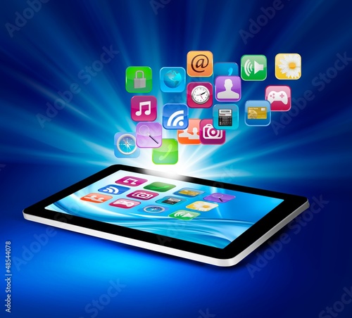 Background with icons in a tablet. Vector.