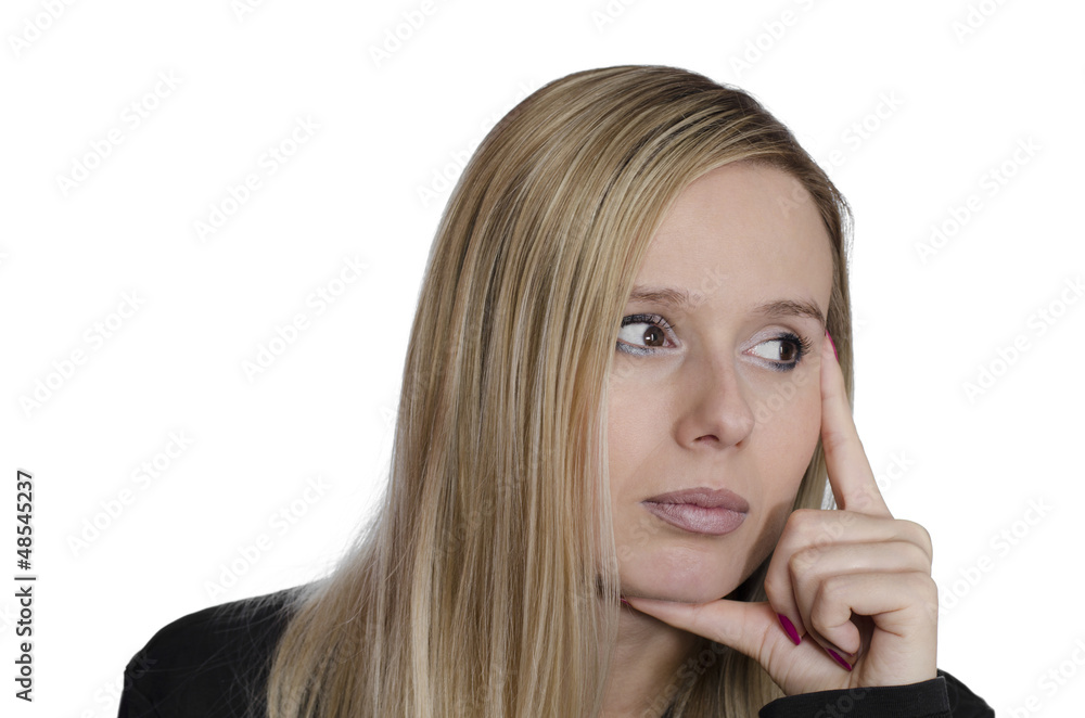 young woman thinking on white background young woman thinking on white background