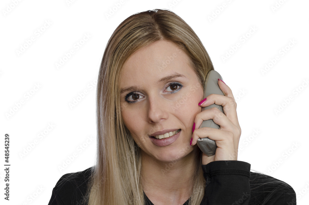 young woman talking on the phone smiling on white background young woman talking on the phone smiling on white background