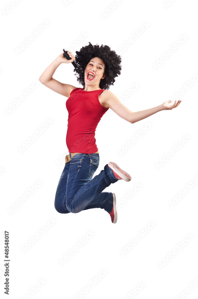 Woman with afro haircut on white