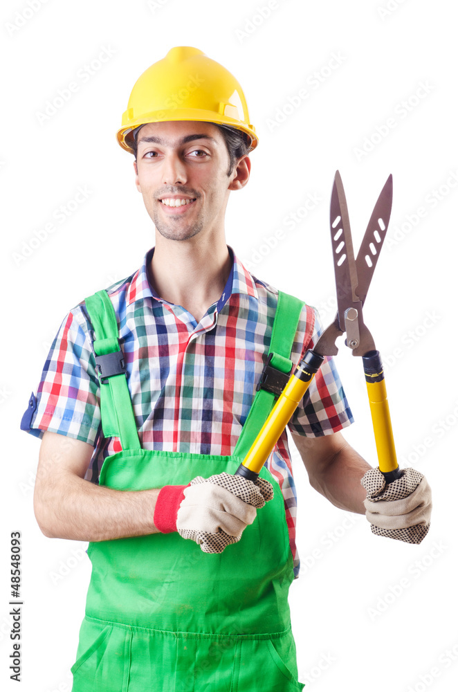 Man gardener with shears on white Man gardener with shears on white