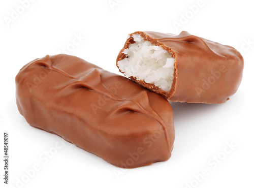 Closeup of chocolate bar isolated on white background photo