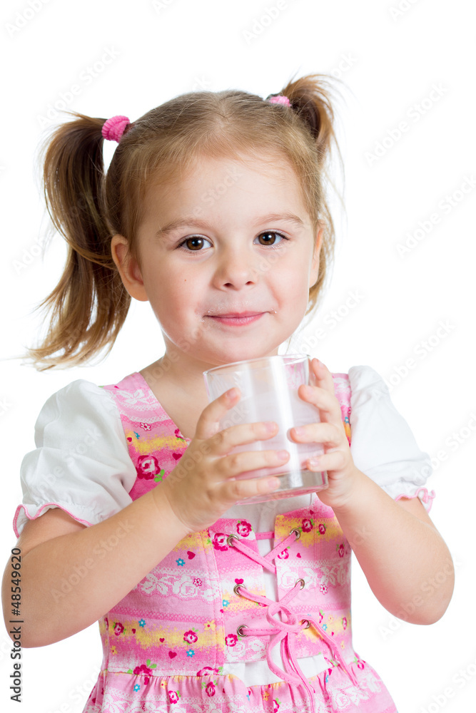 kid girl drinking yogurt or kefir over white kid girl drinking yogurt or kefir over white