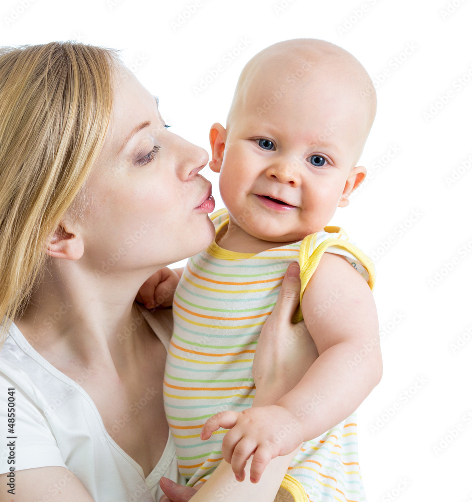 loving mother supporting her child on white background loving mother supporting her child on white background