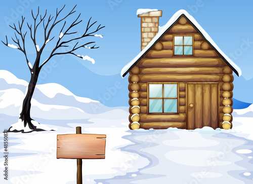 Signboard, dying tree, house