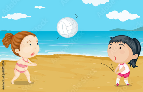 Two girls playing volleyball