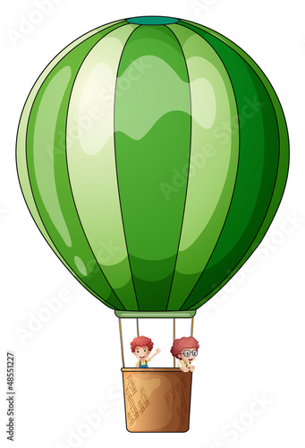 An air balloon flying with two kids