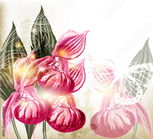 Grunge vector background with  realistic pink orchids