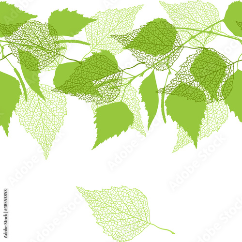 Seamless pattern with green birch leaves.