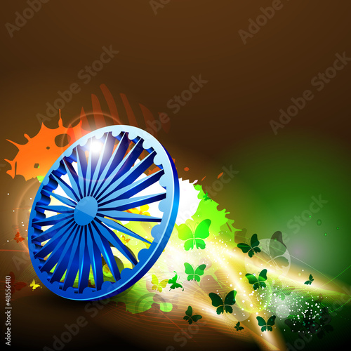 Indian flag color creative wave background with 3D Asoka wheel.