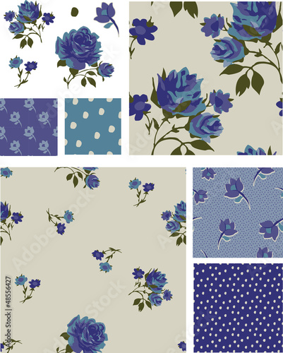 Pretty Blue Rose Floral Seamless Patterns and Icons.