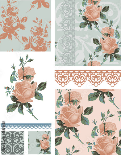 Vintage Rose Floral Seamless Patterns.