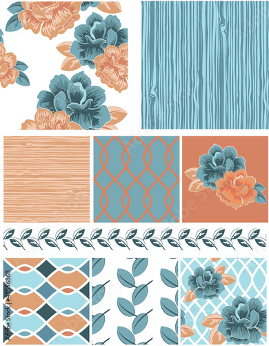 Bright Winter Floral Peony Seamless Patterns, fills and border.