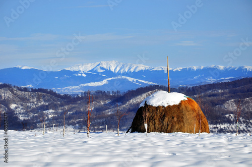 Snow covered haycock on a snowy field photo