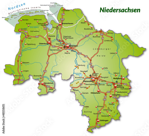 Landkarte von Niedersachsen mit Autobahnnetz