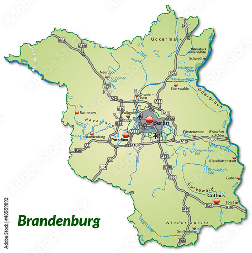 Landkarte von Brandenburg mit Verkehrsnetz