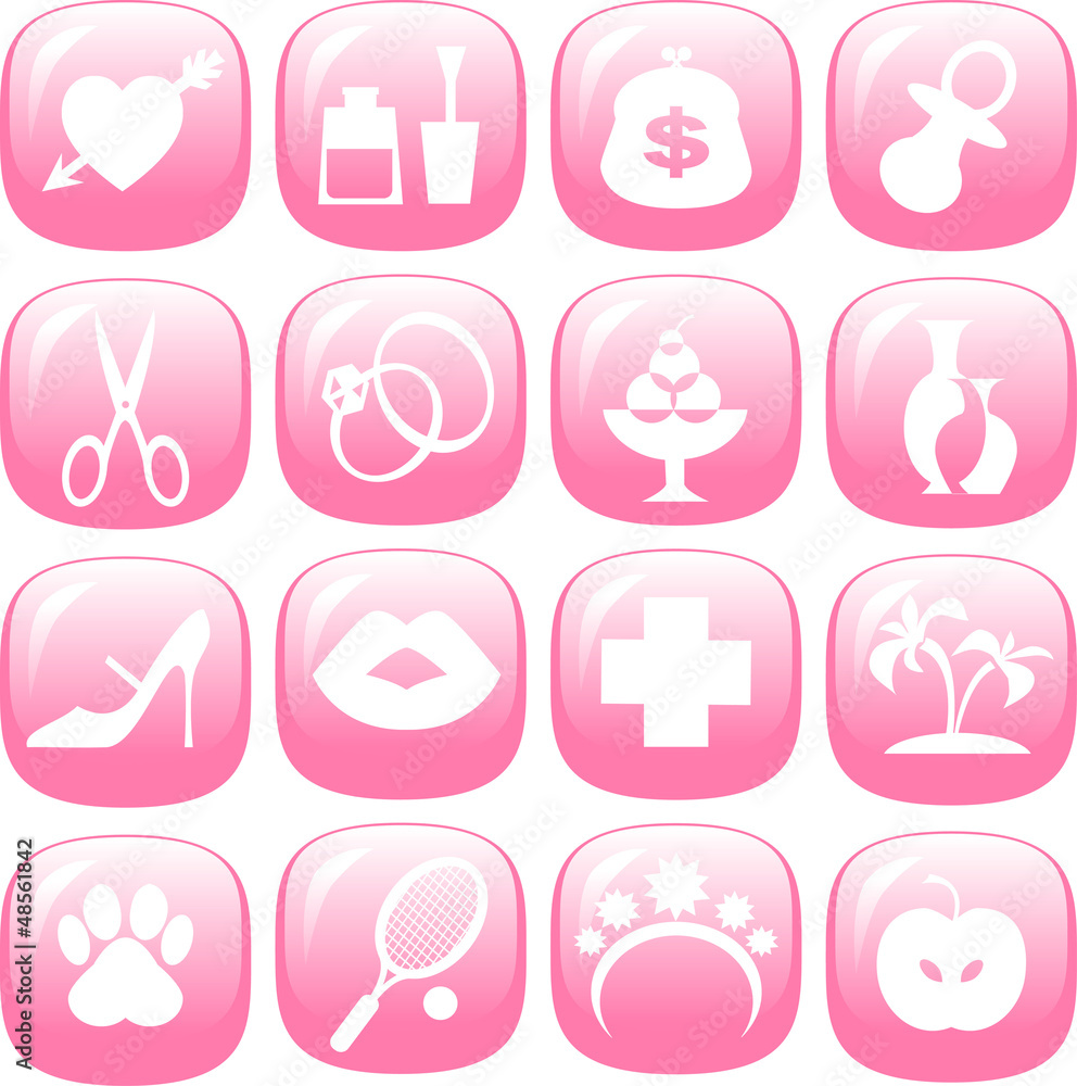 Set of icons women interests glossy pink buttons Set of icons women interests glossy pink buttons