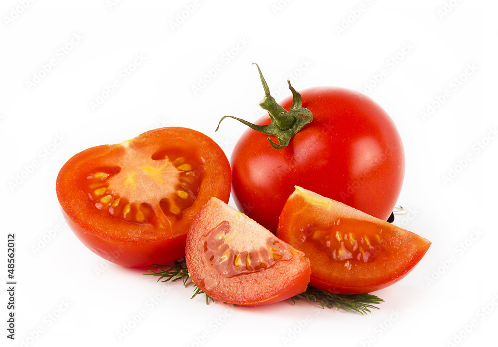 Tomato vegetable cuts on white background